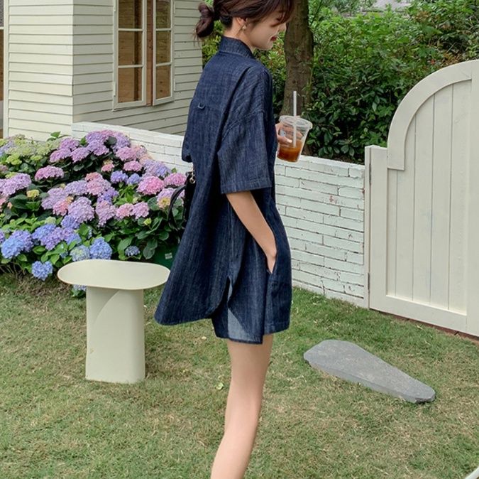 デニムセットアップ ゆったり五分袖シャツとショートパンツセット