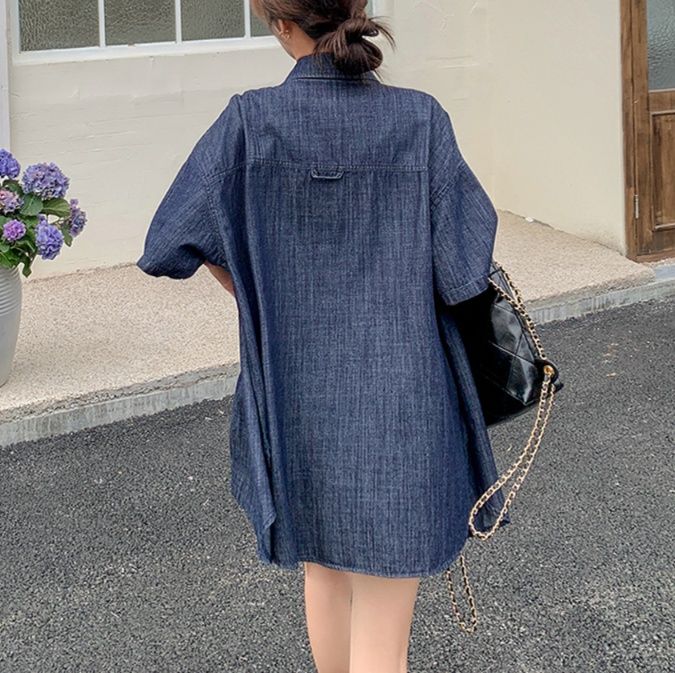 デニムセットアップ ゆったり五分袖シャツとショートパンツセット