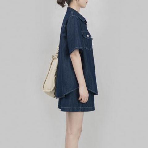 デニムセットアップ 半袖シャツとショートパンツの上下セット