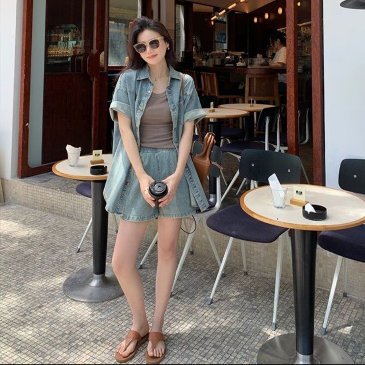 デニムセットアップ ゆったり半袖デニムセットアップ