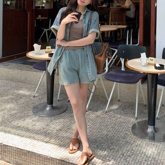 デニムセットアップ ゆったり半袖デニムセットアップ