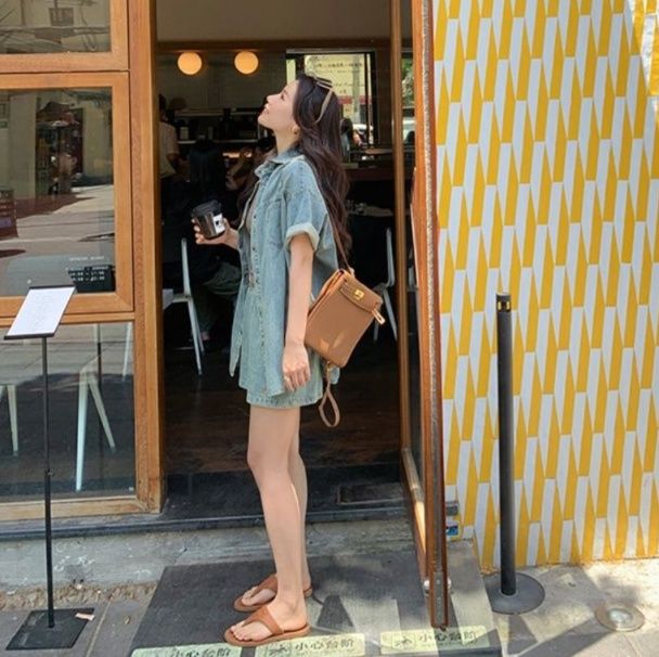 デニムセットアップ ゆったり半袖デニムセットアップ