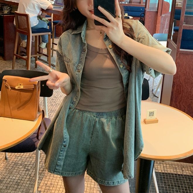 デニムセットアップ ゆったり半袖デニムセットアップ