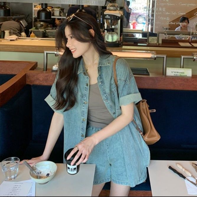 デニムセットアップ ゆったり半袖デニムセットアップ