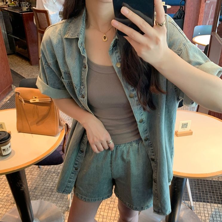 デニムセットアップ ゆったり半袖デニムセットアップ