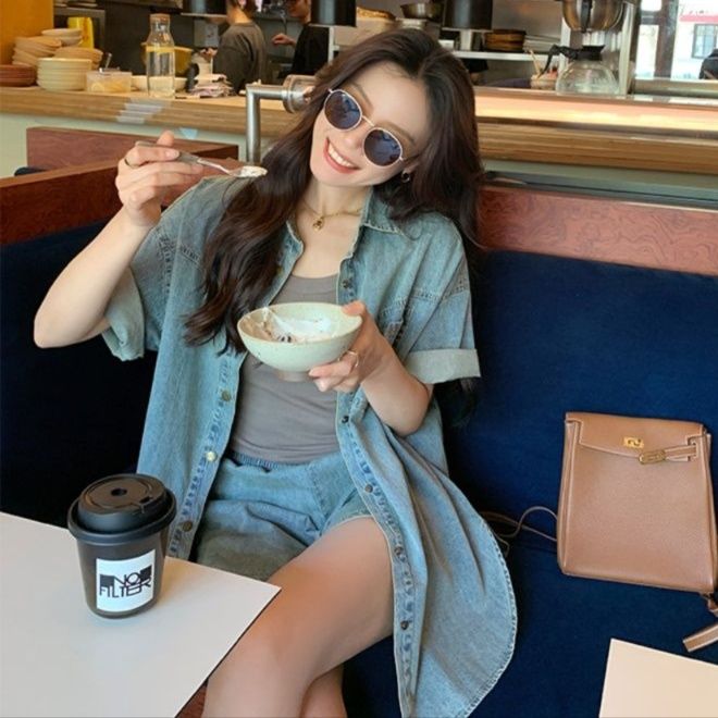 デニムセットアップ ゆったり半袖デニムセットアップ