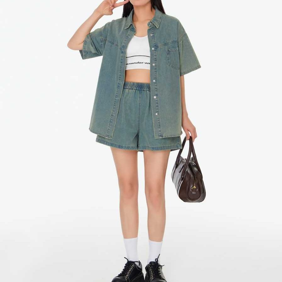 デニムセットアップ ゆったり半袖デニムセットアップ