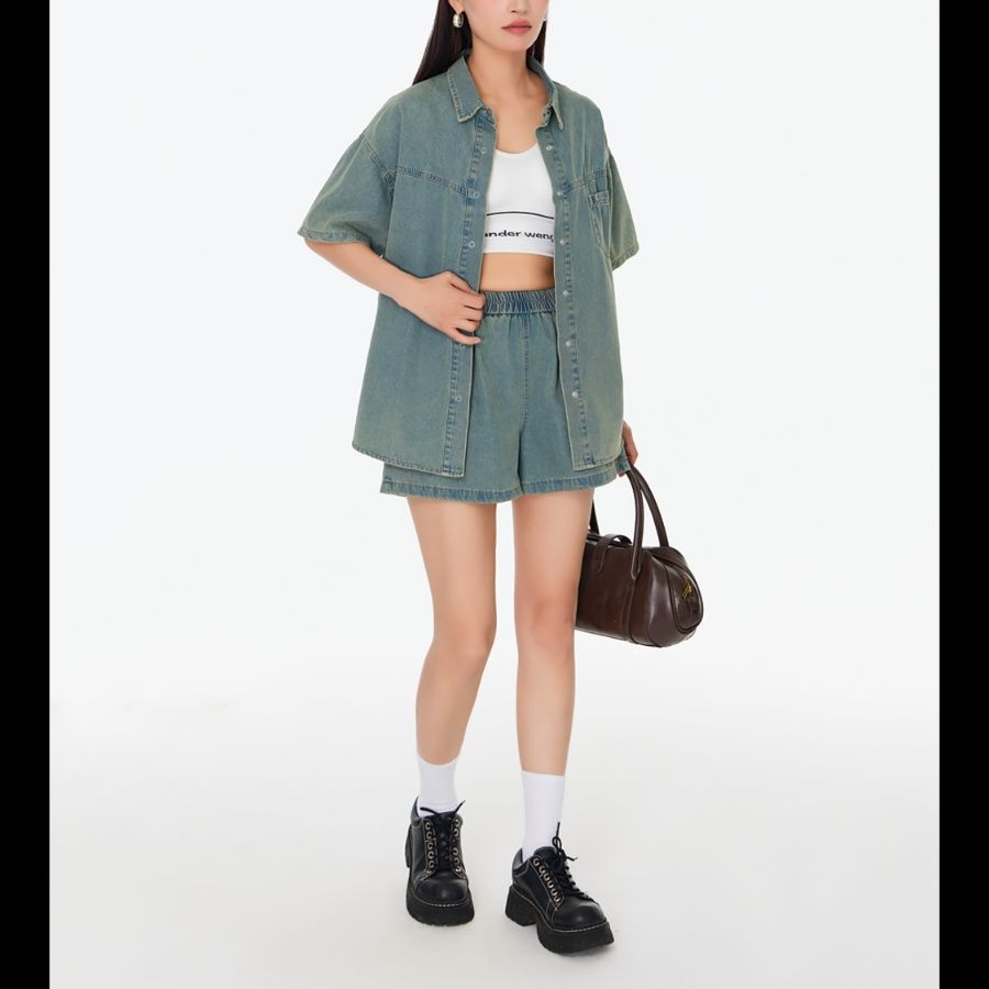 デニムセットアップ ゆったり半袖デニムセットアップ