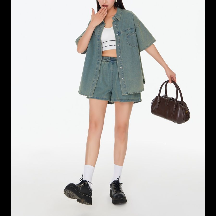 デニムセットアップ ゆったり半袖デニムセットアップ