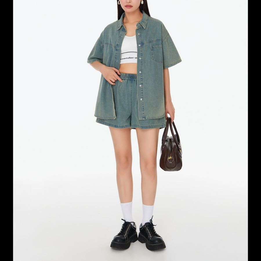 デニムセットアップ ゆったり半袖デニムセットアップ