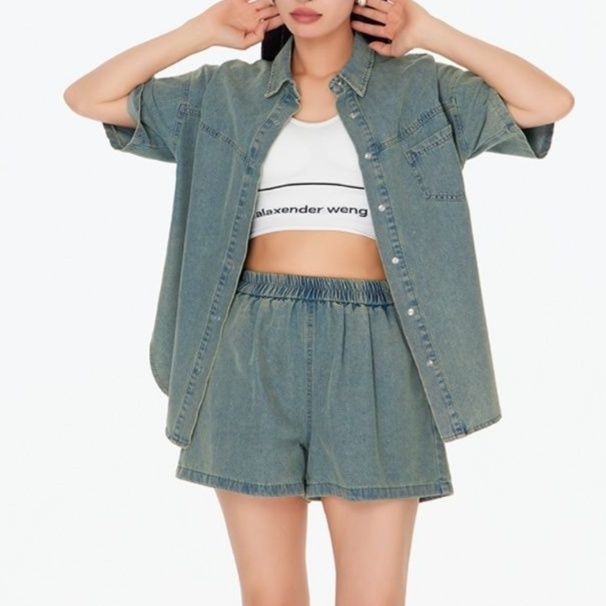 デニムセットアップ ゆったり半袖デニムセットアップ