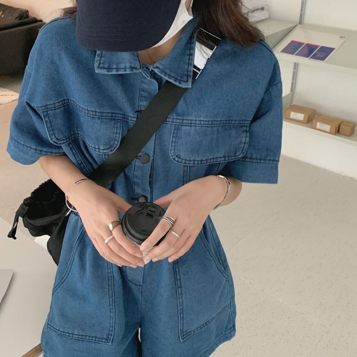 デニムセットアップ ゆったり短袖ポケット付きデニム上下セット