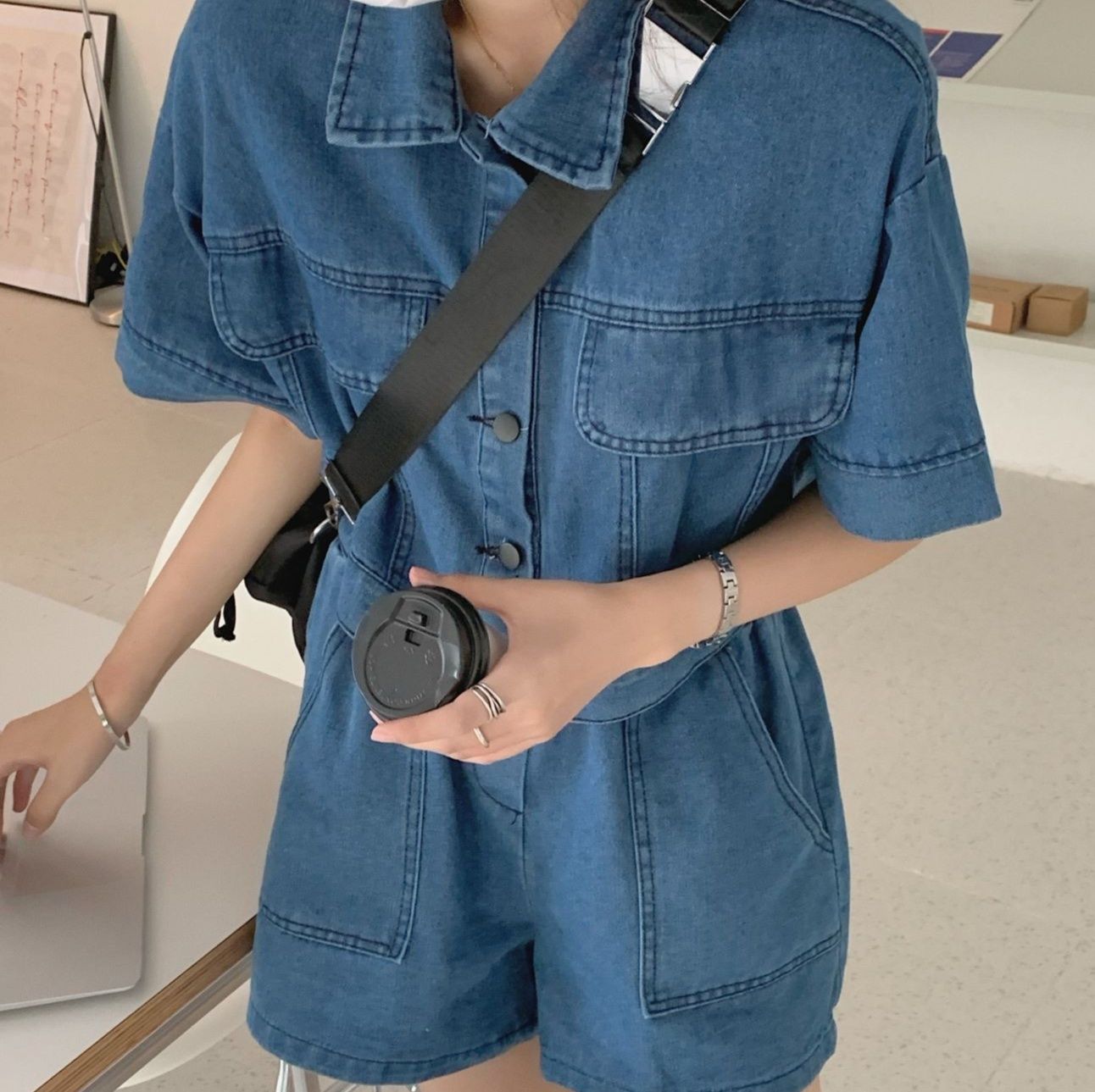 デニムセットアップ ゆったり短袖ポケット付きデニム上下セット