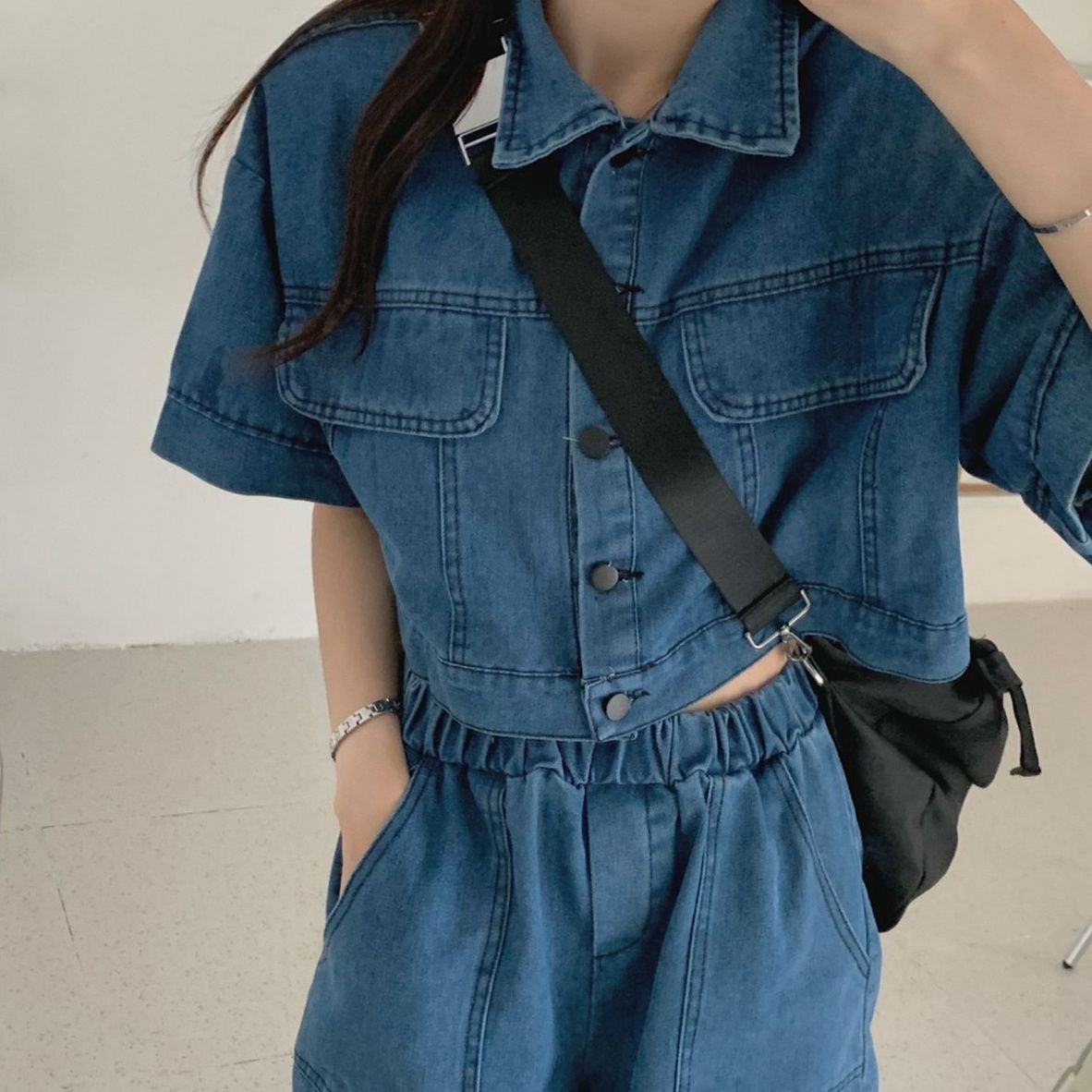 デニムセットアップ ゆったり短袖ポケット付きデニム上下セット
