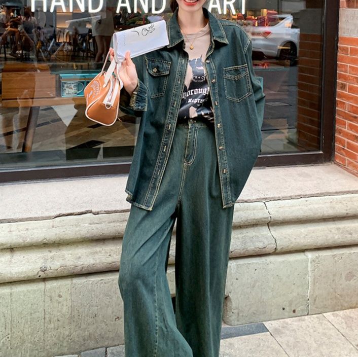 デニムセットアップ ゆったりシルエットシャツジャケット デニム上下セット