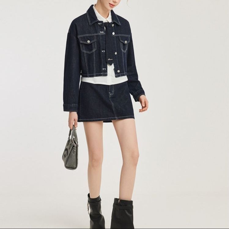 デニムセットアップ 上品シルエット クロップド丈ジャケット スカートセットアップ