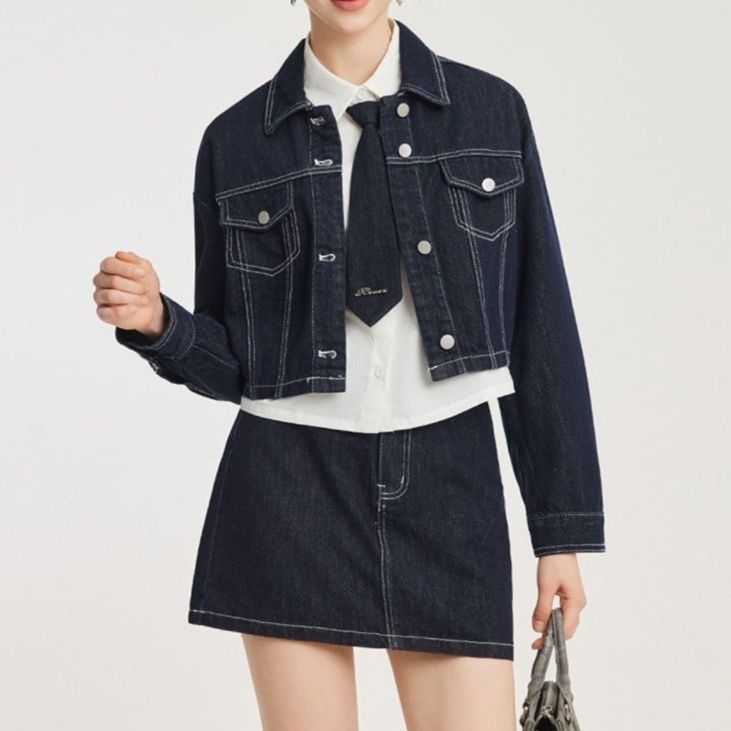 デニムセットアップ 上品シルエット クロップド丈ジャケット スカートセットアップ