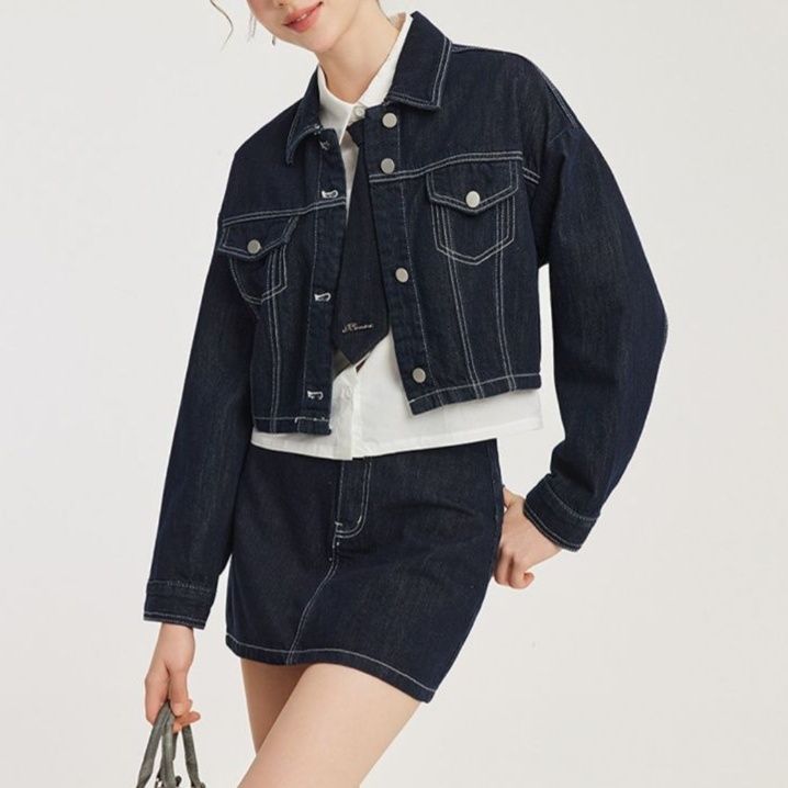 デニムセットアップ 上品シルエット クロップド丈ジャケット スカートセットアップ