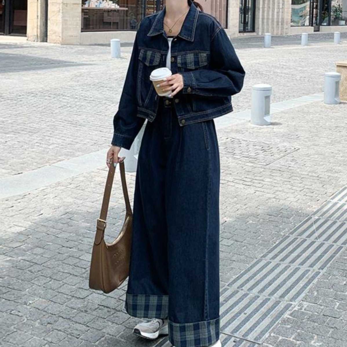 デニムセットアップ チェック柄 クラシカルワイドパンツ ジージャンセットアップ