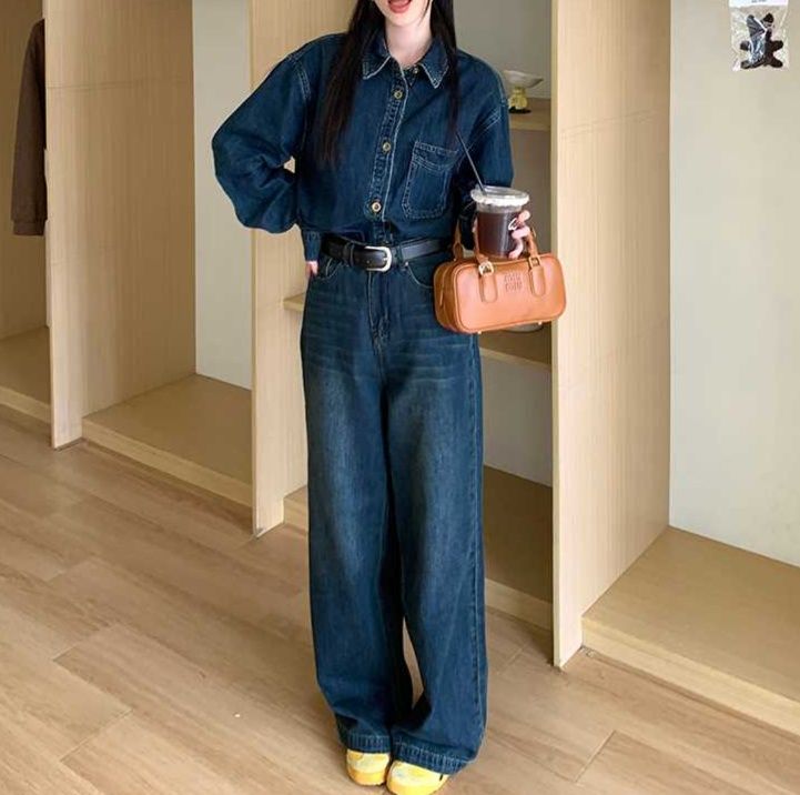 デニムセットアップ ゆったりクラシックシャツ ワイドシルエットパンツセット