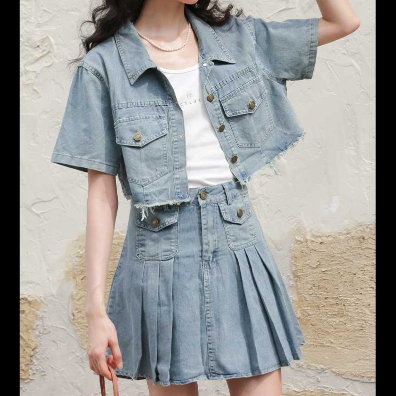 デニムセットアップ 色落ち加工 半袖ジャケット プリーツスカートセットアップ