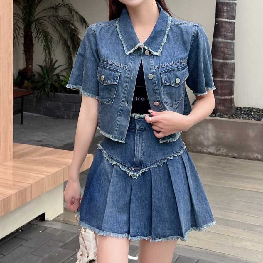 デニムセットアップ フリンジ加工 プリーツデザイン ミニスカートセットアップ