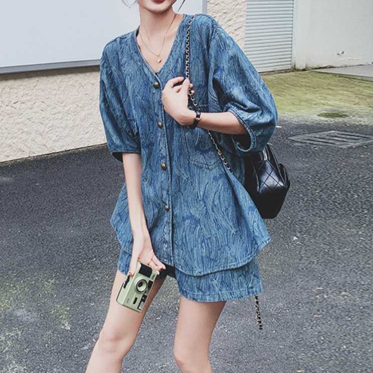 デニムセットアップ ゆったり五分袖ジージャン ショートパンツセット