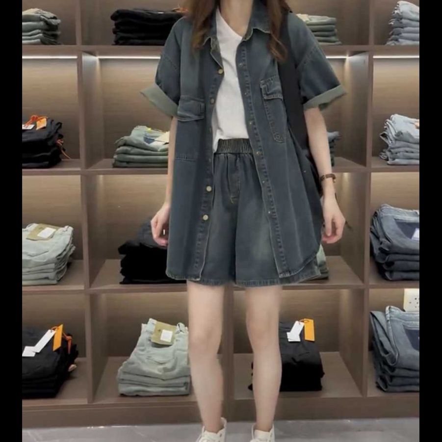 デニムセットアップ こなれ感ゆったり半袖シャツセットアップ