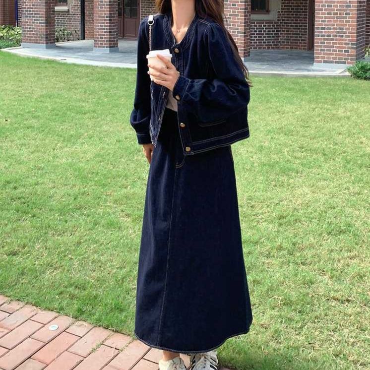 デニムセットアップ 洗練シルエット クラシカルジャケット スカートセットアップ