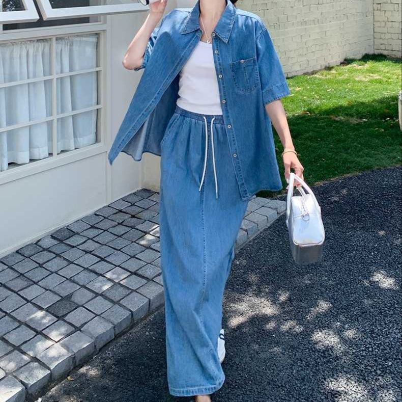 デニムセットアップ ゆったりリラックス半袖シャツ ロングスカートセット