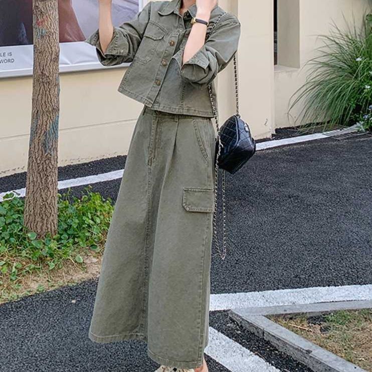 デニムセットアップ 大人カジュアル ミリタリーテイストジャケット＆ロングスカートセット