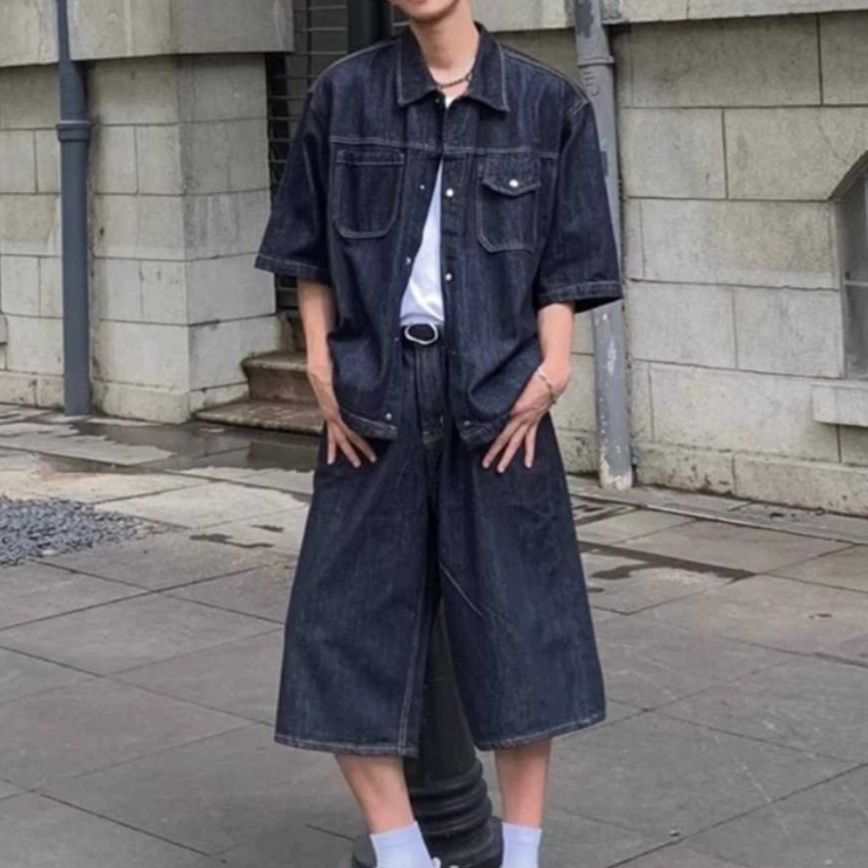デニムセットアップ 都会的 ゆったりシルエット五分袖シャツ 膝下ワイドパンツセット