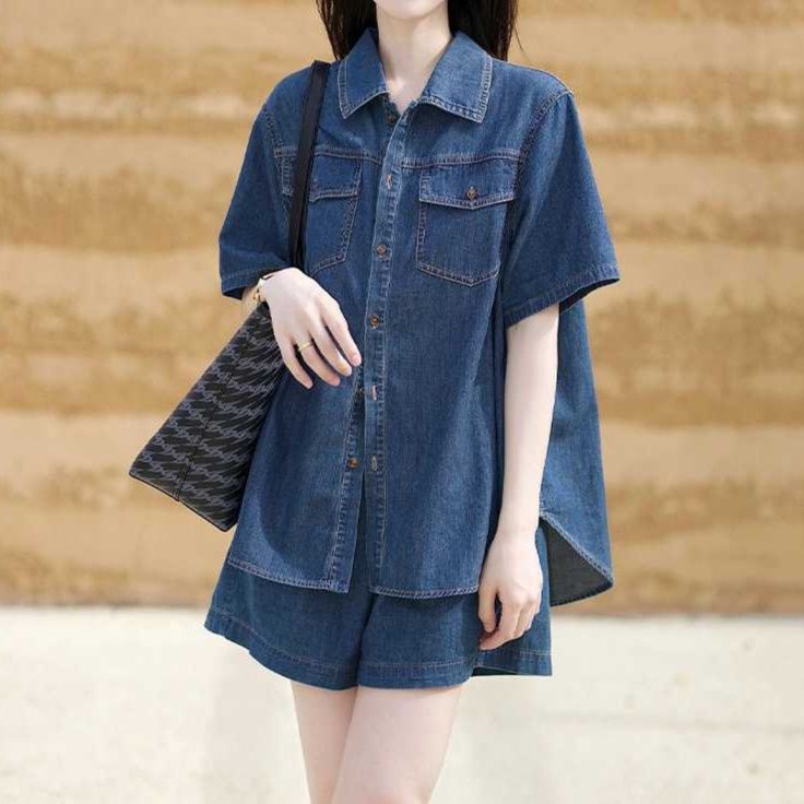 デニムセットアップ 涼やか半袖デニムシャツセットアップ