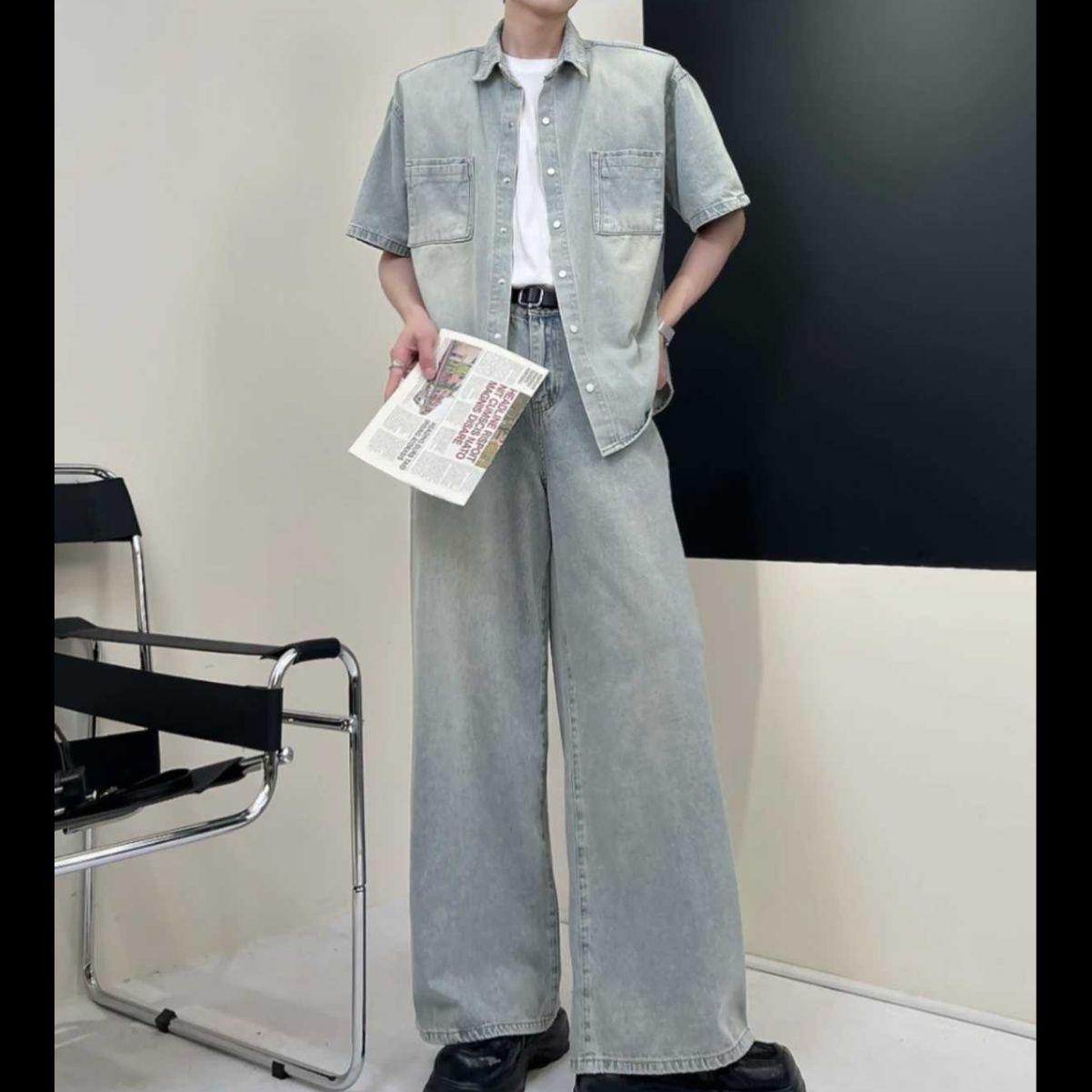 デニムセットアップ ウォッシュ加工 ゆったり大人の半袖デニムシャツセットアップ