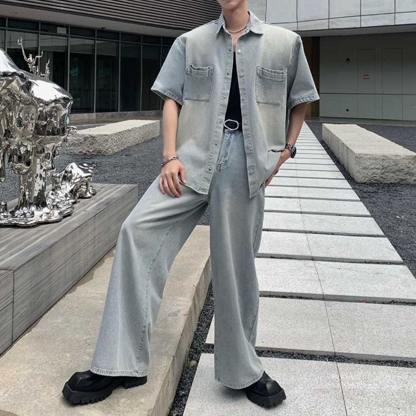 デニムセットアップ ワイドシルエット半袖シャツ＆ワイドパンツ