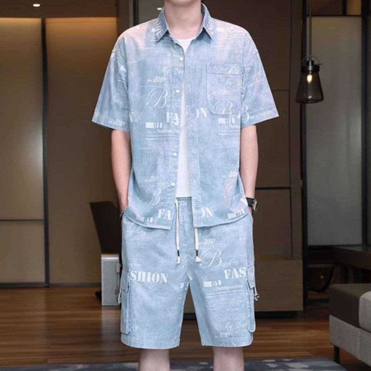 デニムセットアップ 涼やか 文字プリントゆったりデニムシャツセットアップ