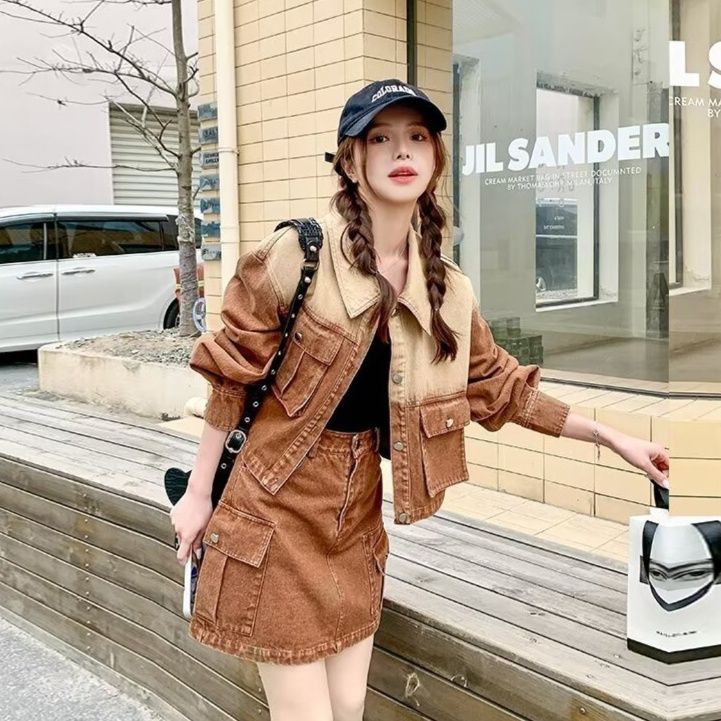 デニムセットアップ 配色切替ジージャンとミニスカートのデニムセットアップ