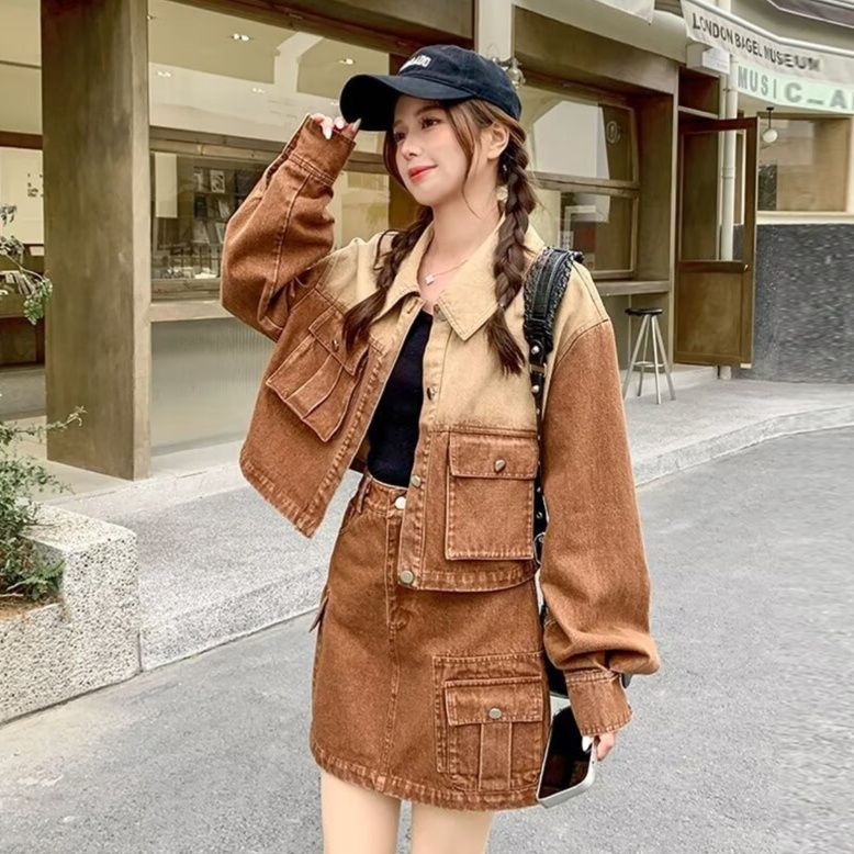 デニムセットアップ 配色切替ジージャンとミニスカートのデニムセットアップ