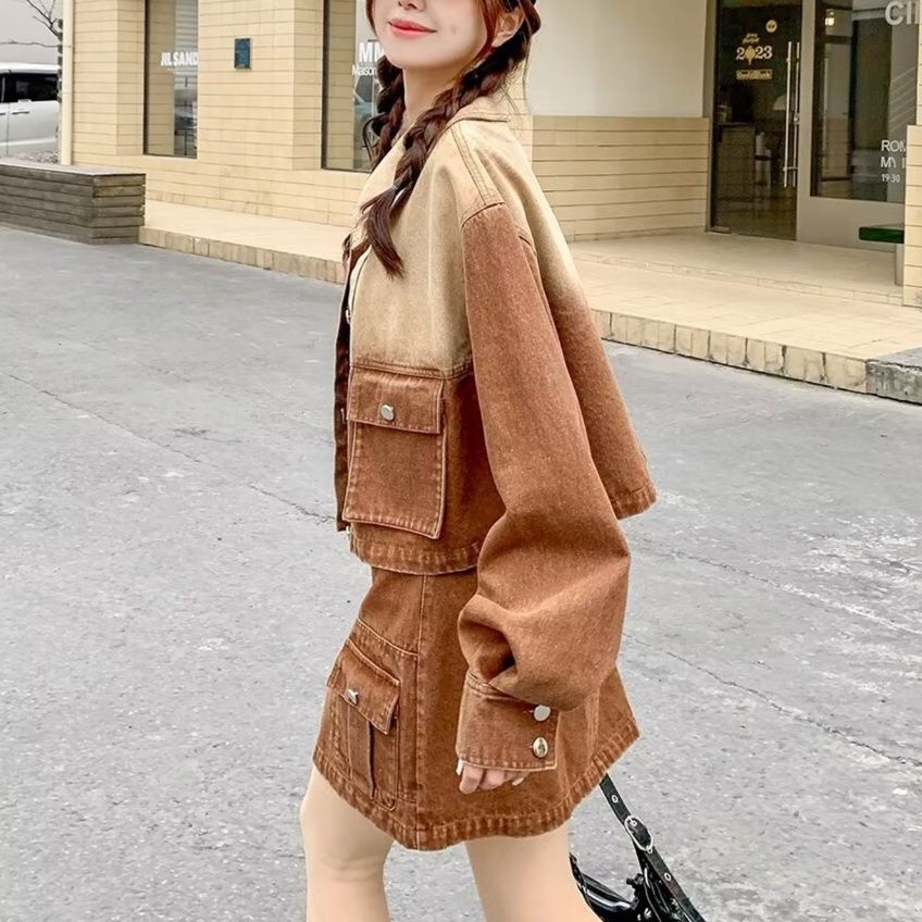 デニムセットアップ 配色切替ジージャンとミニスカートのデニムセットアップ