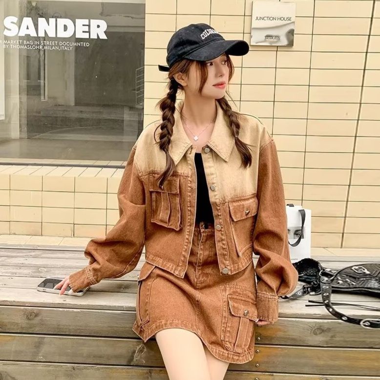 デニムセットアップ 配色切替ジージャンとミニスカートのデニムセットアップ