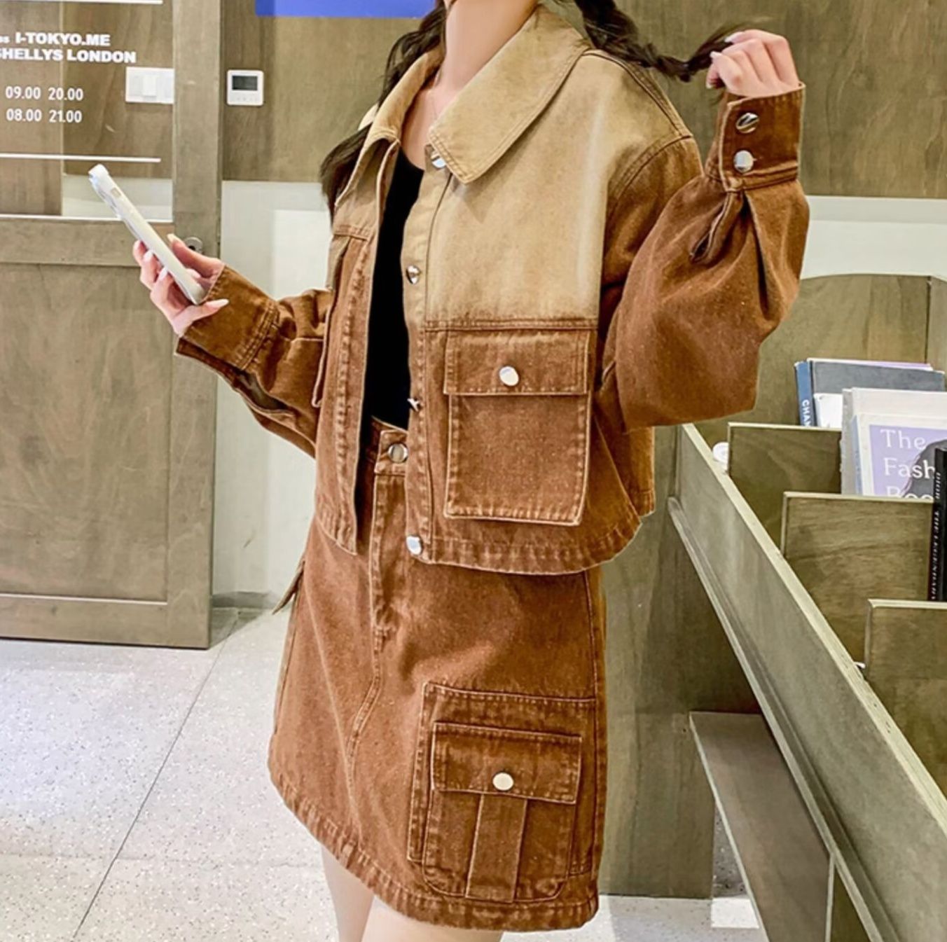 デニムセットアップ 配色切替ジージャンとミニスカートのデニムセットアップ