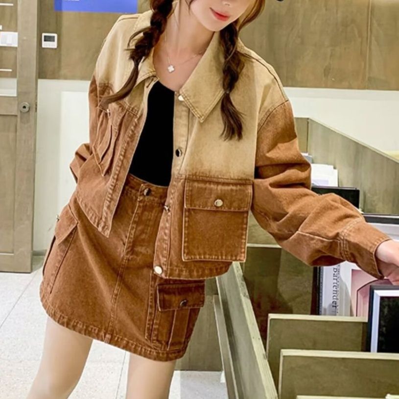 デニムセットアップ 配色切替ジージャンとミニスカートのデニムセットアップ