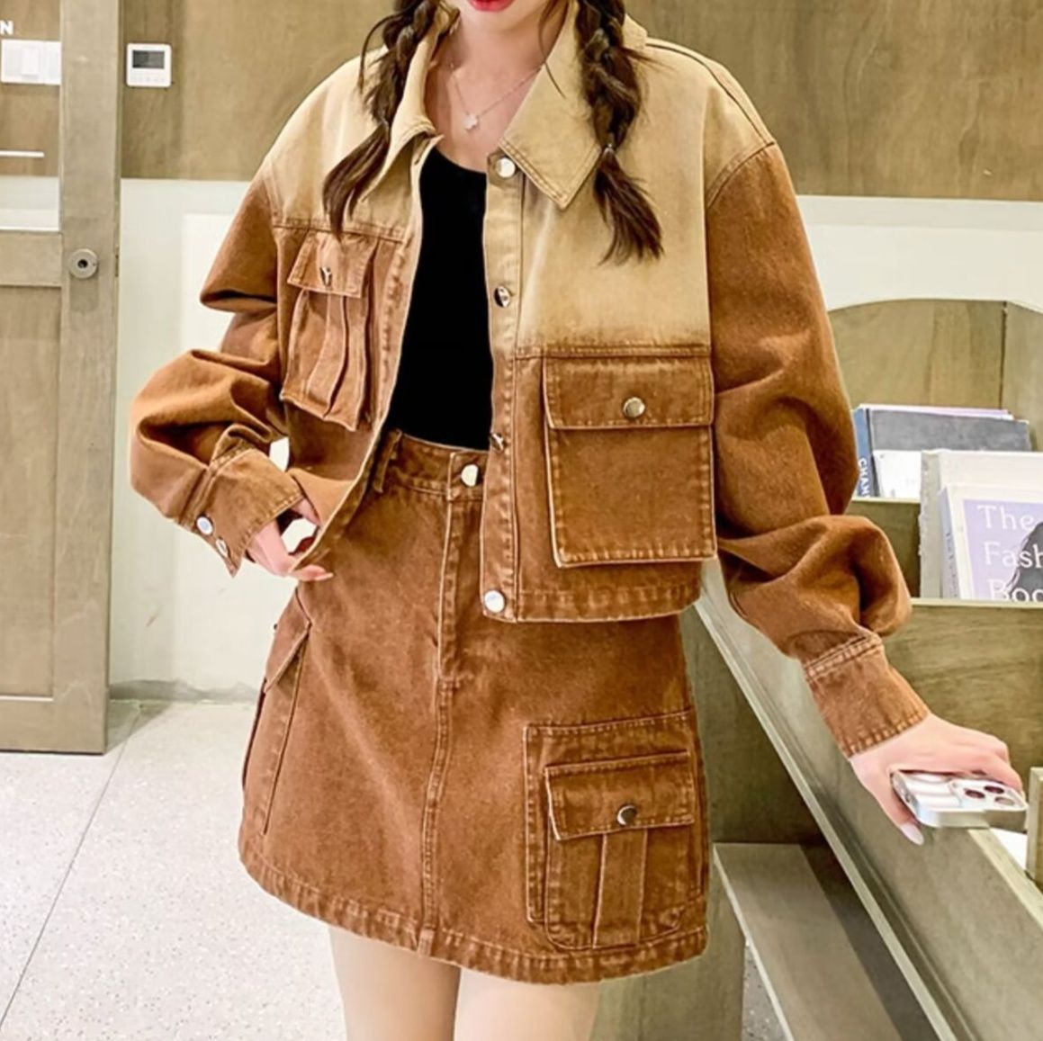 デニムセットアップ 配色切替ジージャンとミニスカートのデニムセットアップ