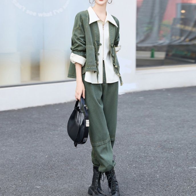 デニムセットアップ レトロ風合い ゆったりジャケット＆ウエストゴムパンツセット