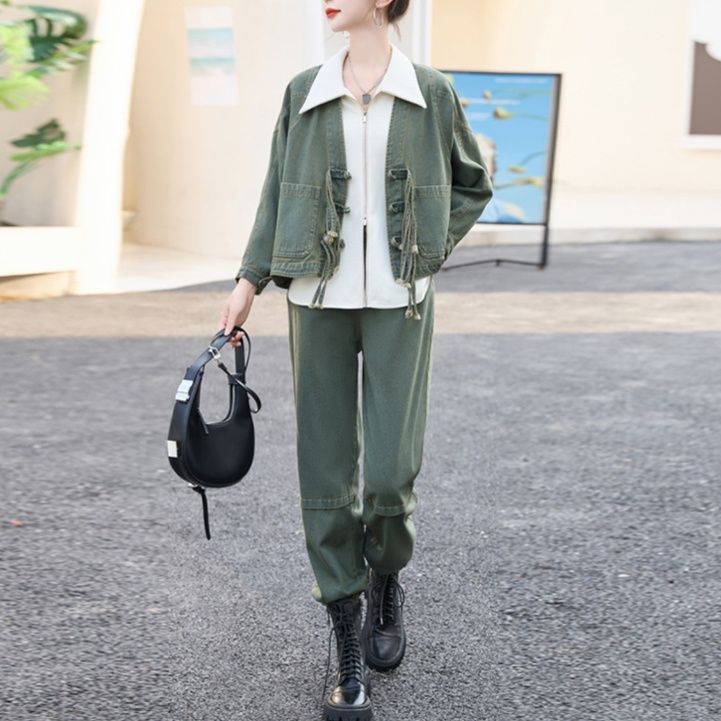 デニムセットアップ レトロ風合い ゆったりジャケット＆ウエストゴムパンツセット