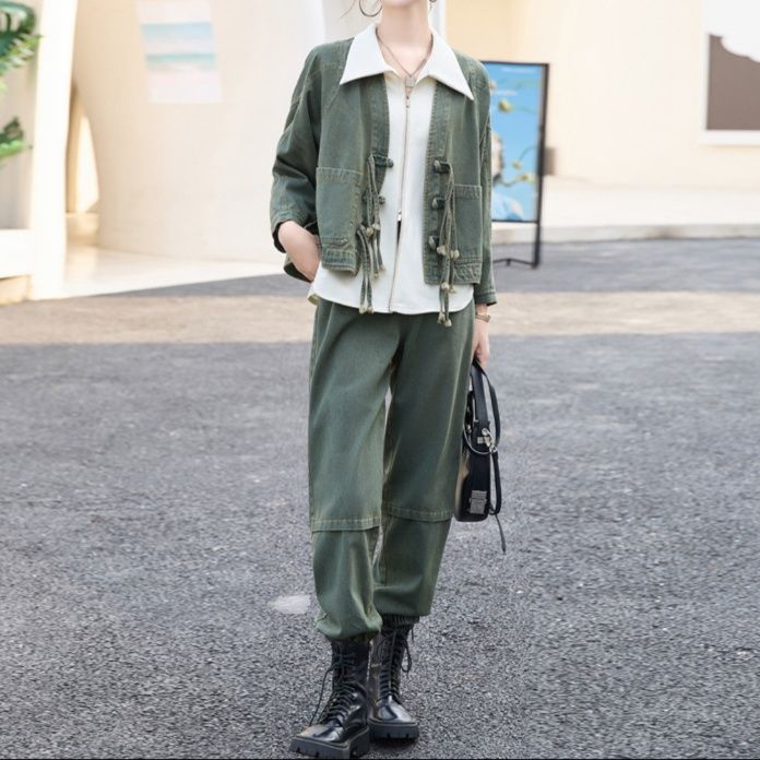 デニムセットアップ レトロ風合い ゆったりジャケット＆ウエストゴムパンツセット