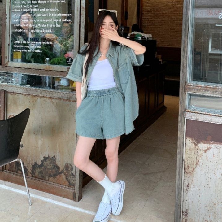 デニムセットアップ ゆったり着心地 オーバーサイズシャツ ショートパンツセット