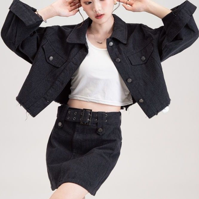デニムセットアップ クロップド丈デニムジャケット＆ミニスカートセット