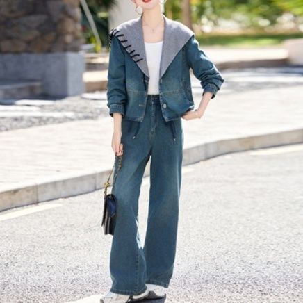 デニムセットアップ レイヤード風ジージャンとワイドパンツの上下セット