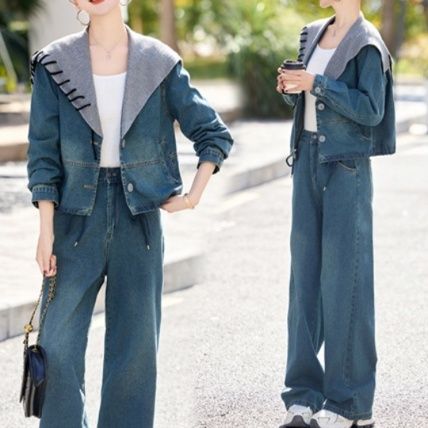 デニムセットアップ レイヤード風ジージャンとワイドパンツの上下セット